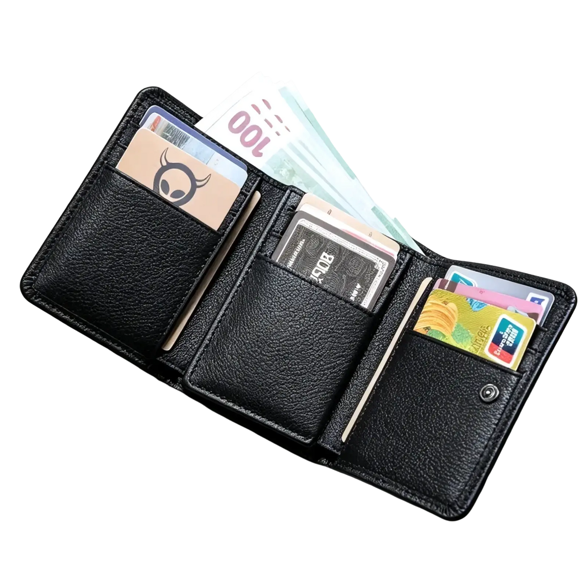 Leather trifold wallet for men and women in black leather with textured surface and multiple card slots
