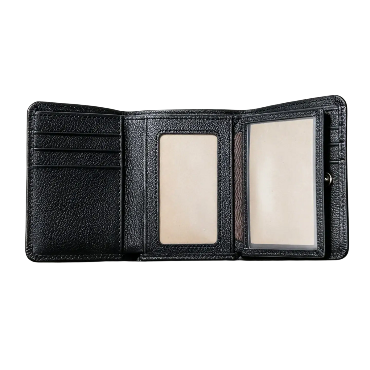 Leather trifold wallet for men and women in black leather with textured surface and two clear ID windows