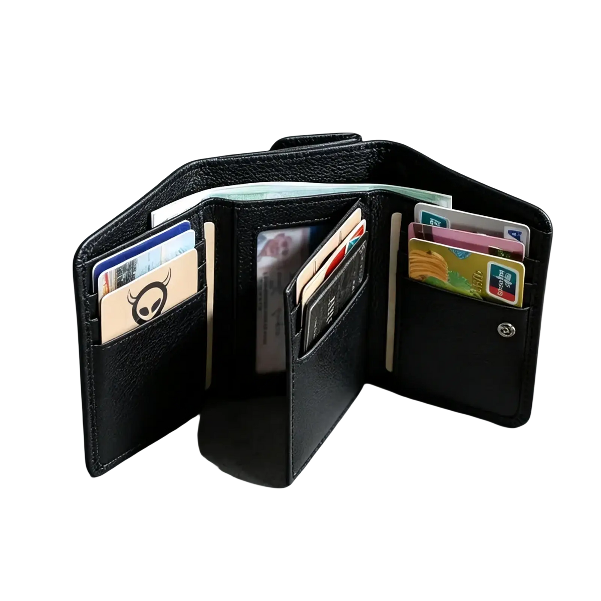Black leather trifold wallet for men and women with multiple card slots and a small metallic clasp
