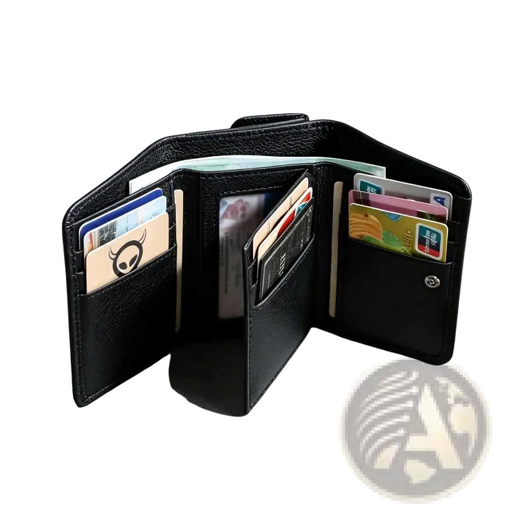 Black leather trifold wallet for men and women with multiple card slots and a small metallic clasp