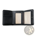 Leather trifold wallet for men and women in black leather with textured surface and two clear ID windows