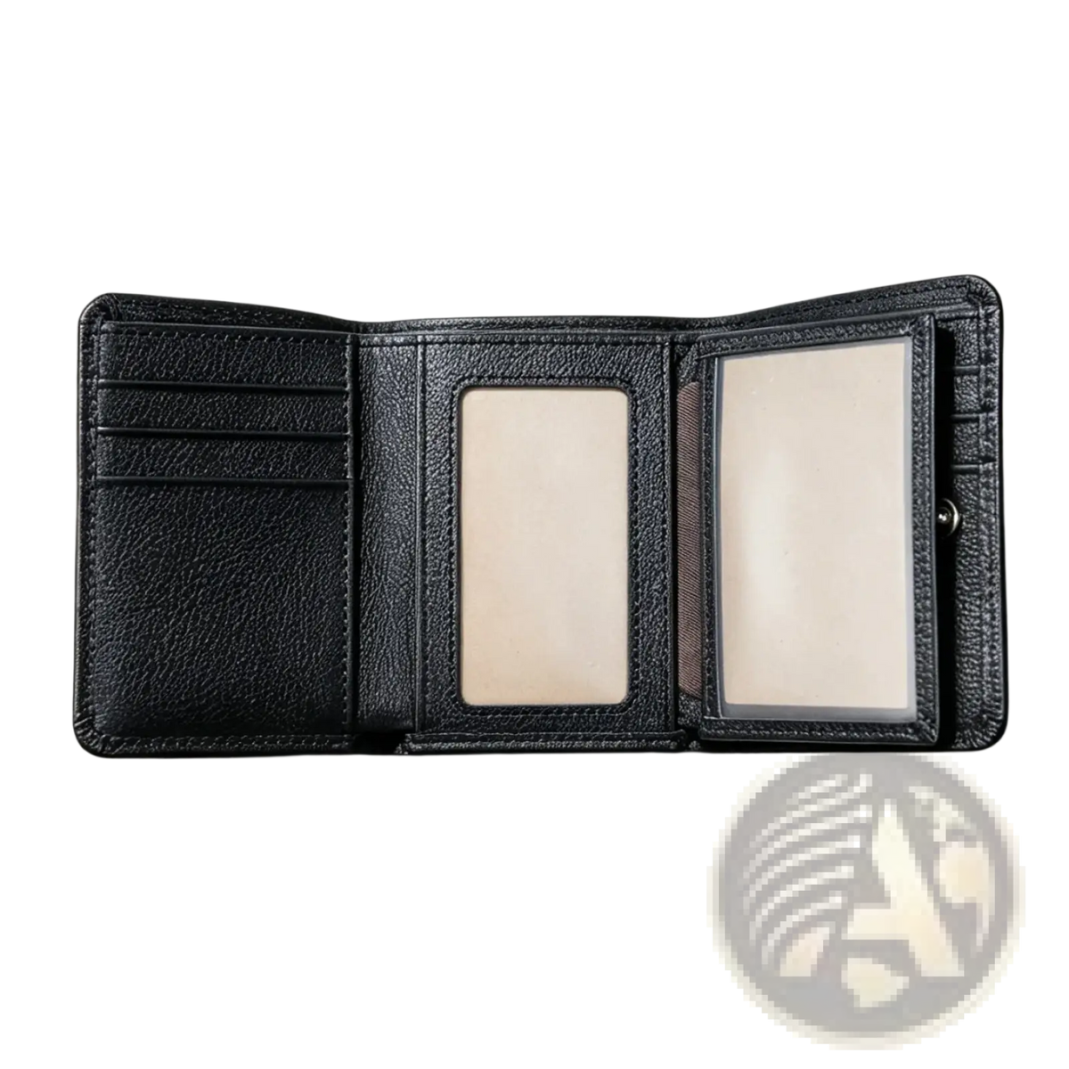 Leather trifold wallet for men and women in black leather with textured surface and two clear ID windows