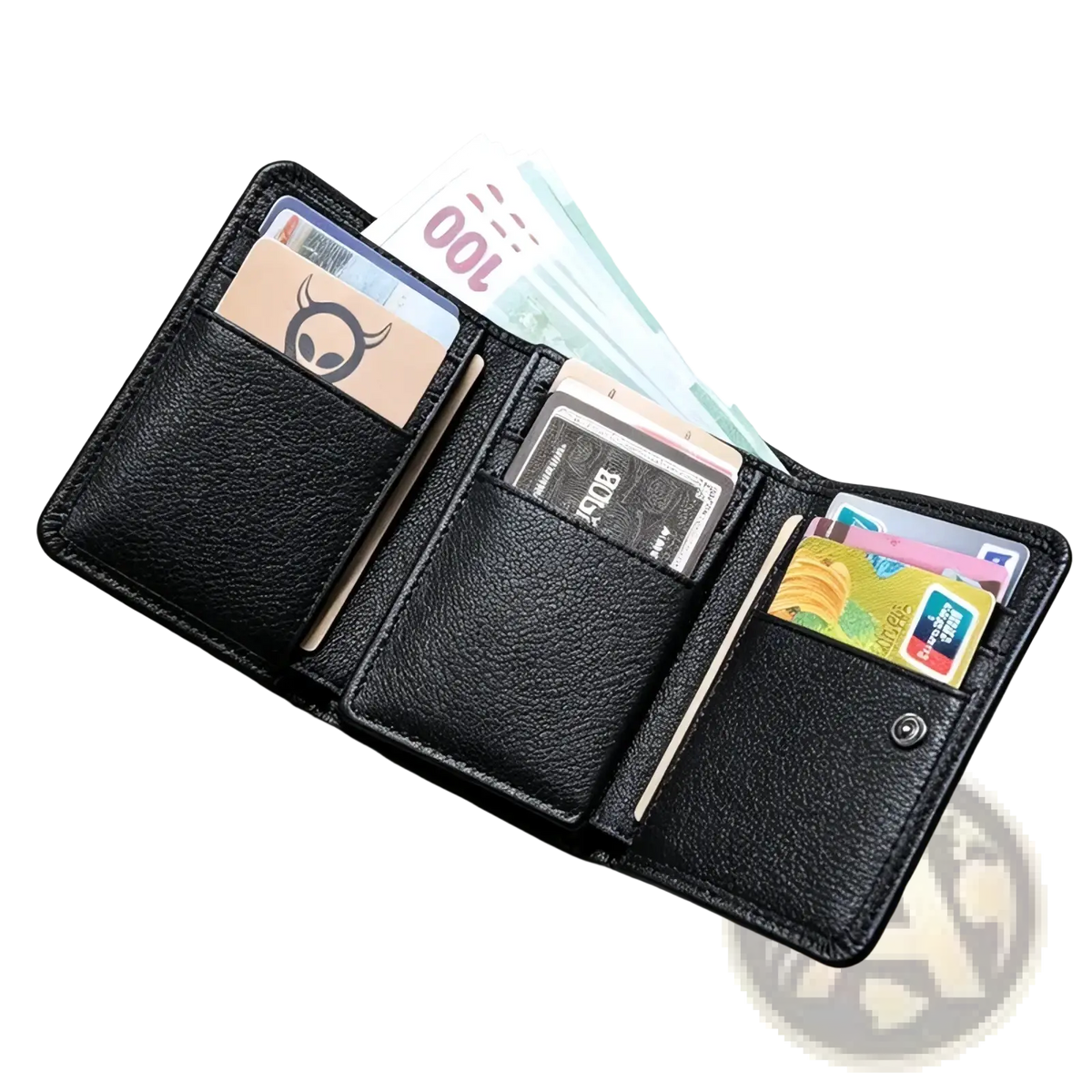 Leather trifold wallet for men and women in black leather with textured surface and multiple card slots