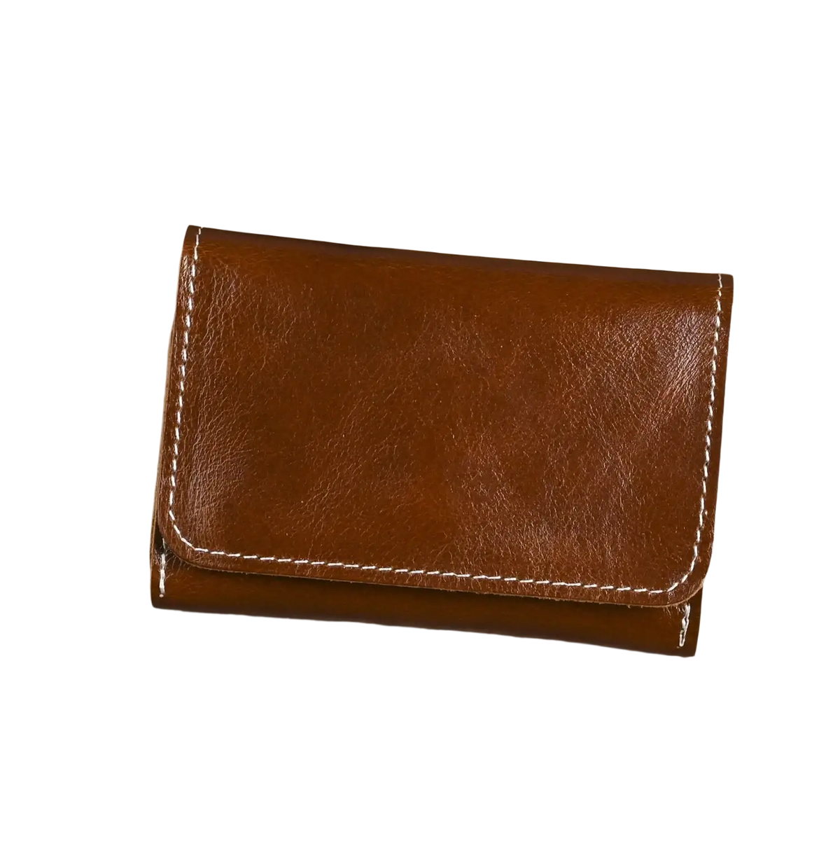 Brown leather trifold wallet with white stitching made of vintage cowhide featuring a coin purse compartment