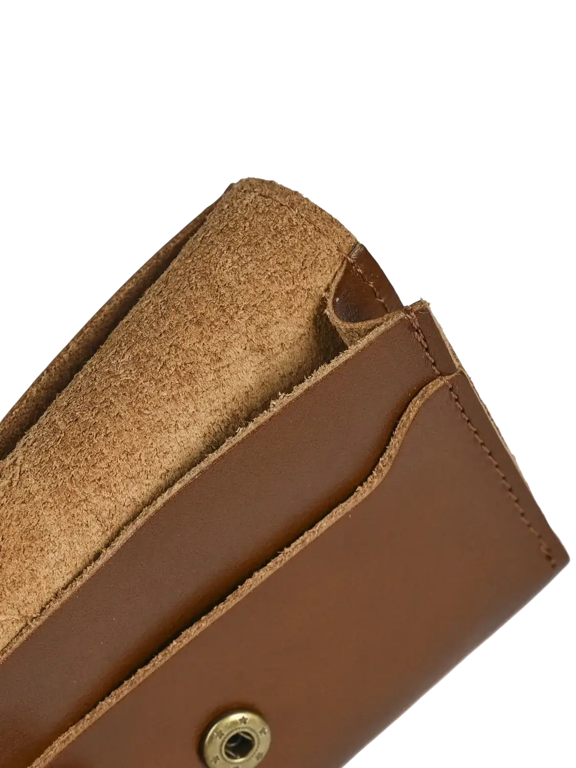 Brown leather trifold wallet vintage cowhide coin purse with suede interior and visible stitching detail