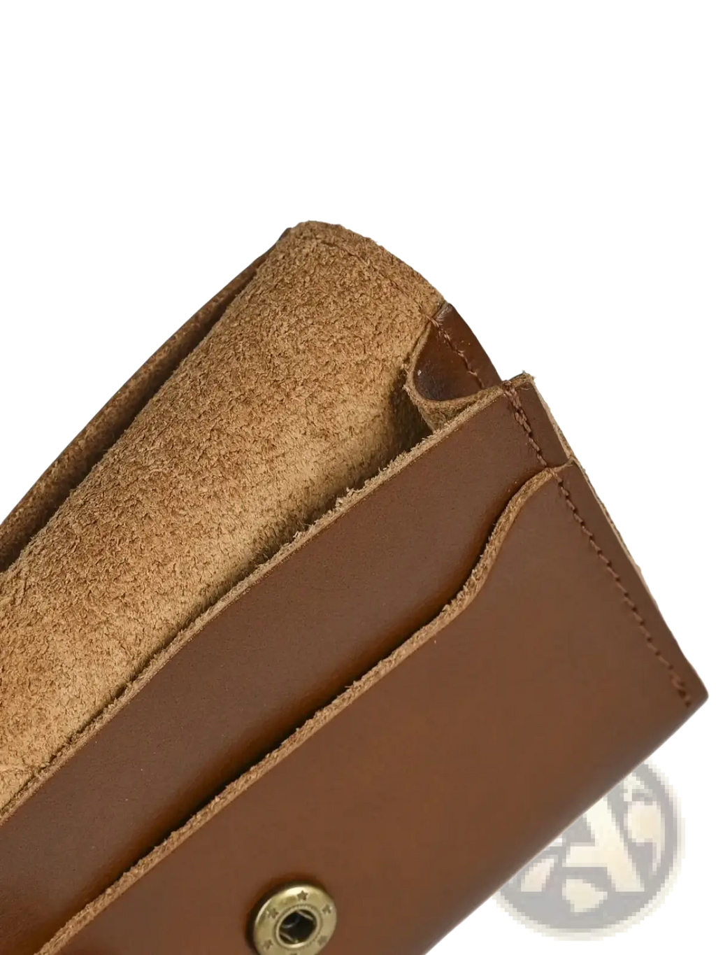 Brown leather trifold wallet vintage cowhide coin purse with suede interior and visible stitching detail