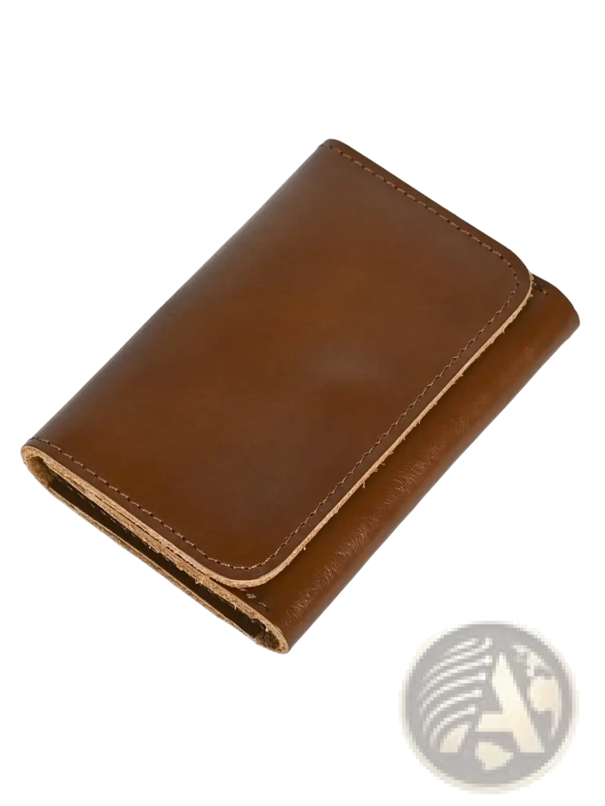 Brown leather trifold wallet with visible stitching made of vintage cowhide featuring a coin purse compartment
