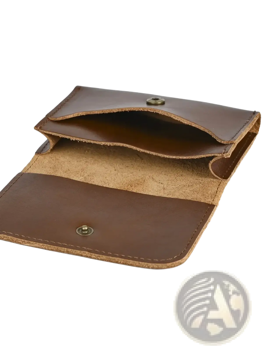 Brown leather trifold wallet vintage cowhide with visible stitching and brass-toned snap buttons coin purse