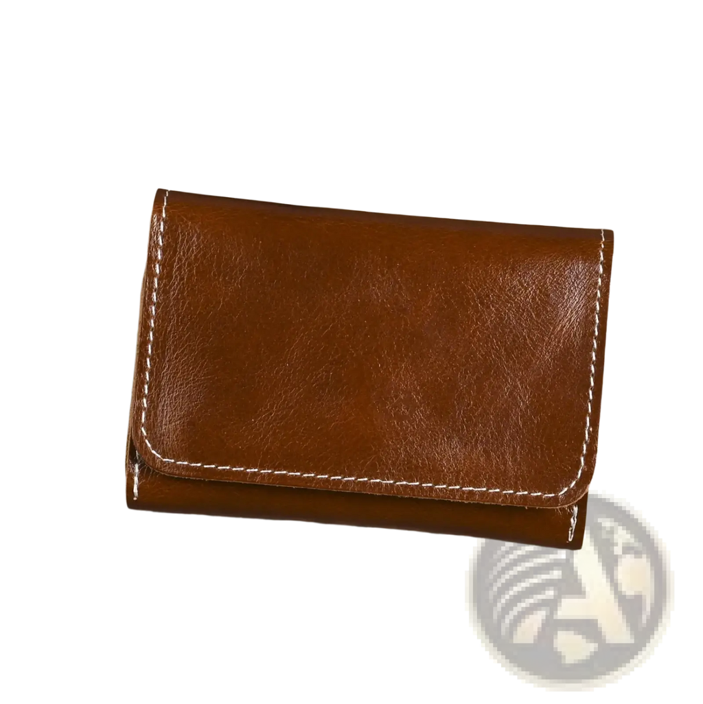 Brown leather trifold wallet with white stitching made of vintage cowhide featuring a coin purse compartment