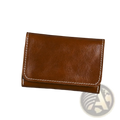 Brown leather trifold wallet with white stitching made of vintage cowhide featuring a coin purse compartment