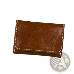 Brown leather trifold wallet with white stitching made of vintage cowhide featuring a coin purse compartment