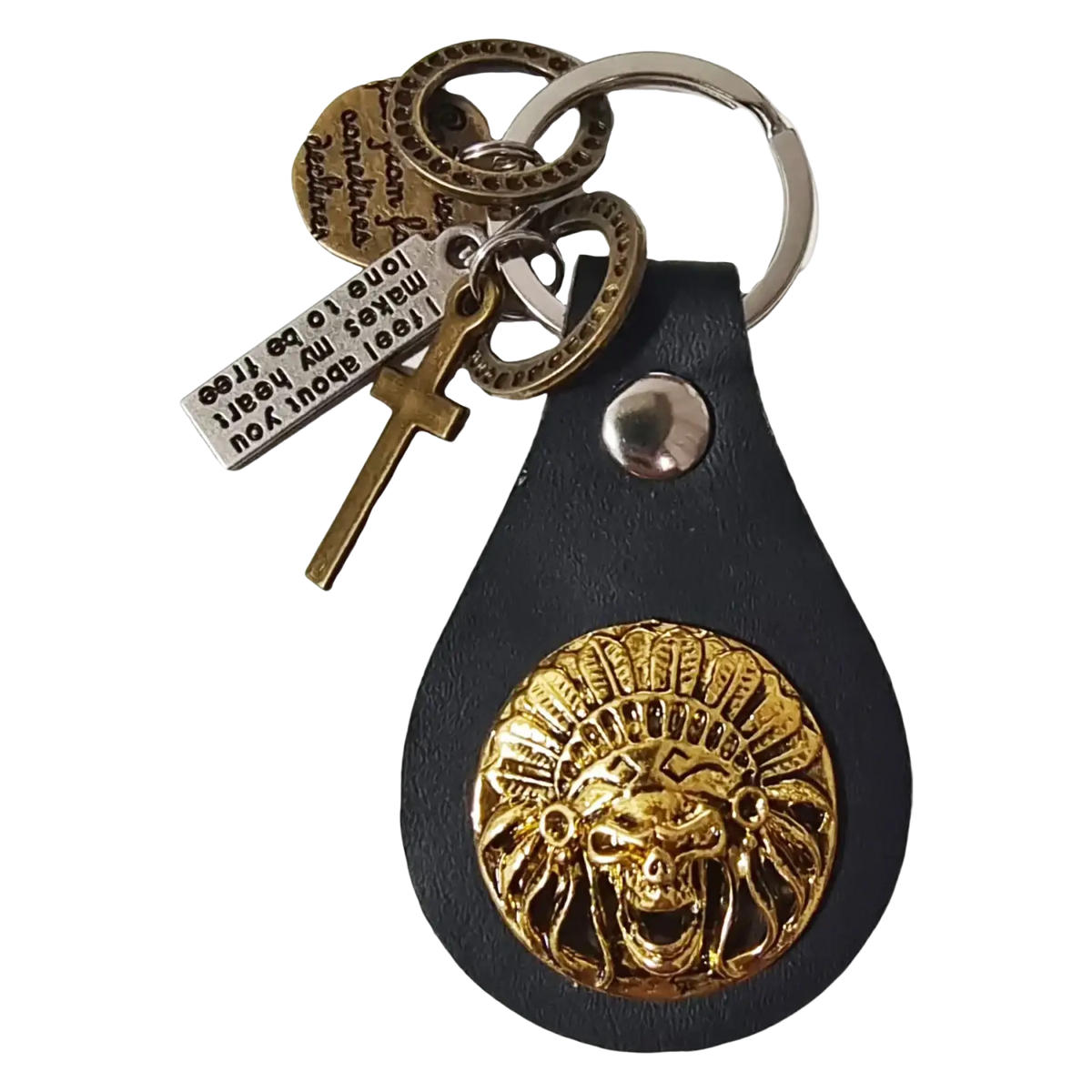 Black leather keychain with gold skull feather headdress charm silver cross pendant and engraved metal tag gift