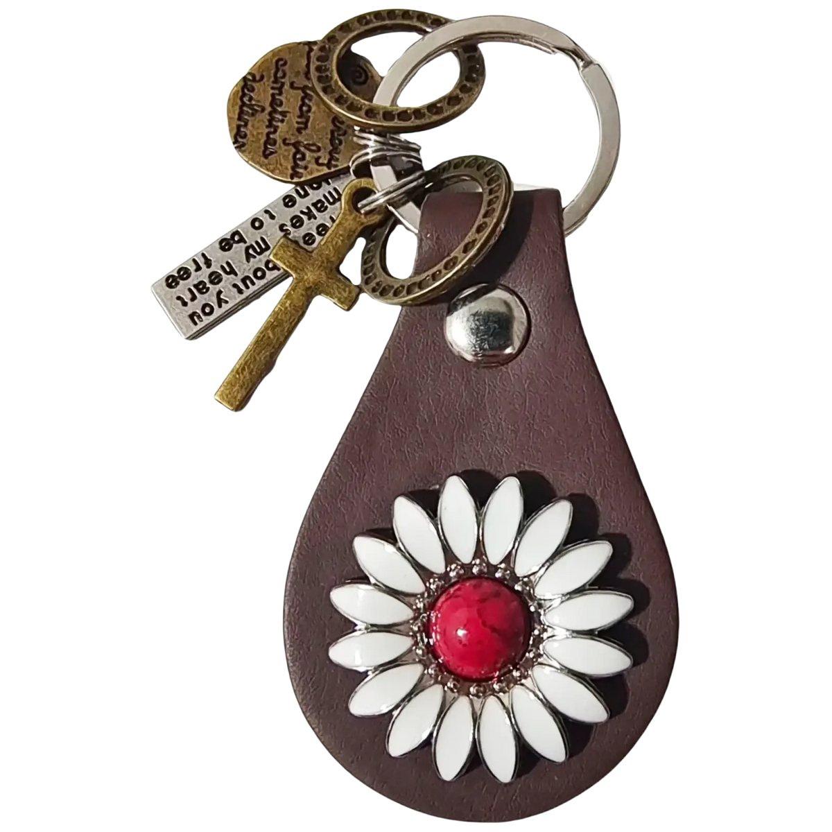 Brown leather keychain featuring a white daisy with red center and metallic accents for turquoise star charm gift