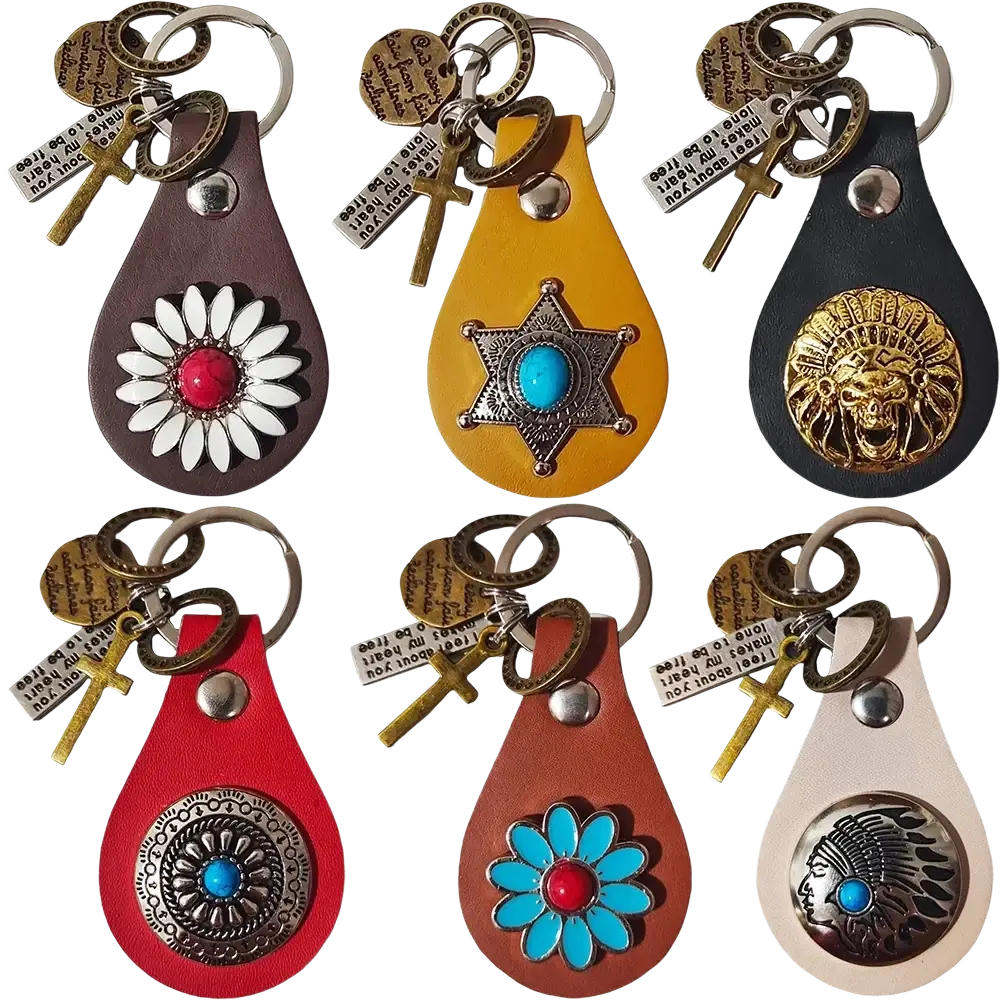 Set of six colorful leather keychains each with a metallic emblem and decorative charm for turquoise star gifts