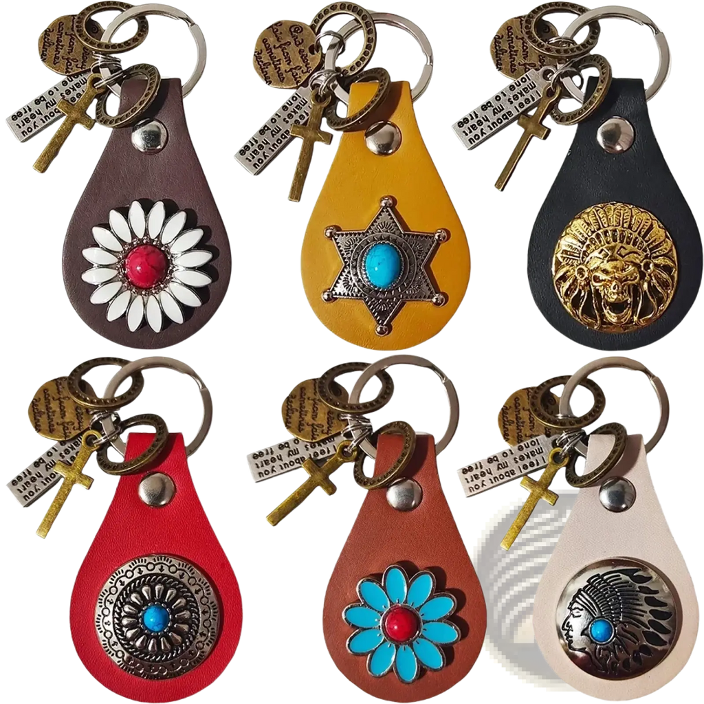 Set of six colorful leather keychains each with a metallic emblem and decorative charm for turquoise star gifts