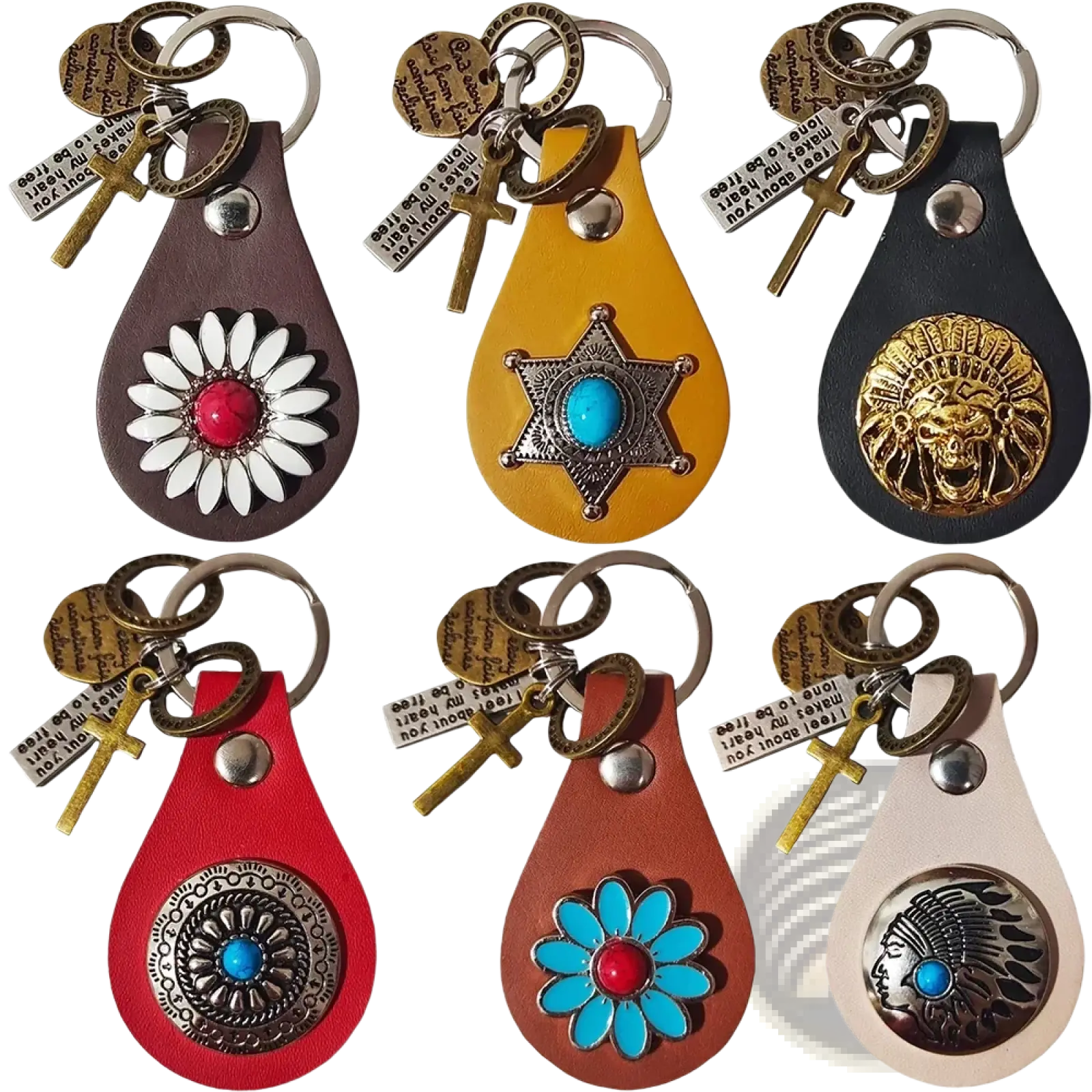 Set of six colorful leather keychains each with a metallic emblem and decorative charm for turquoise star gifts