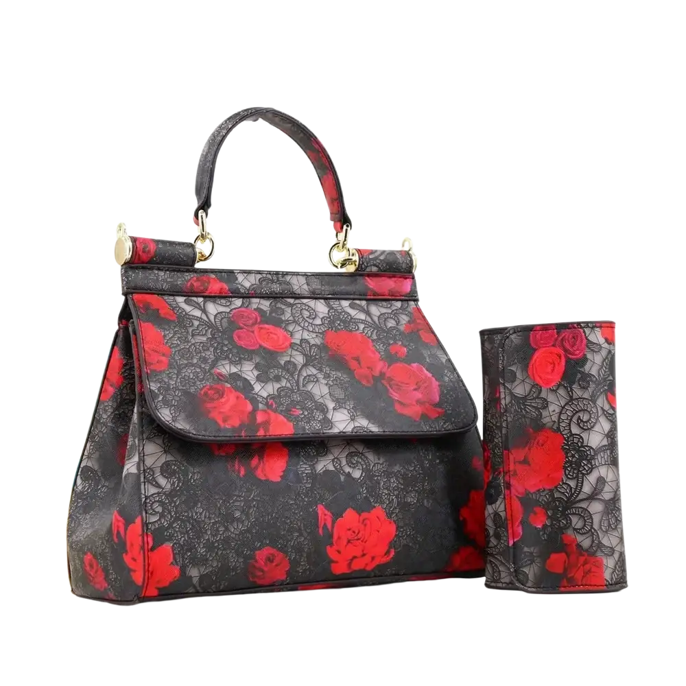Leather vintage art shoulder bag in black leather with vibrant red rose lace pattern and gold-tone hardware