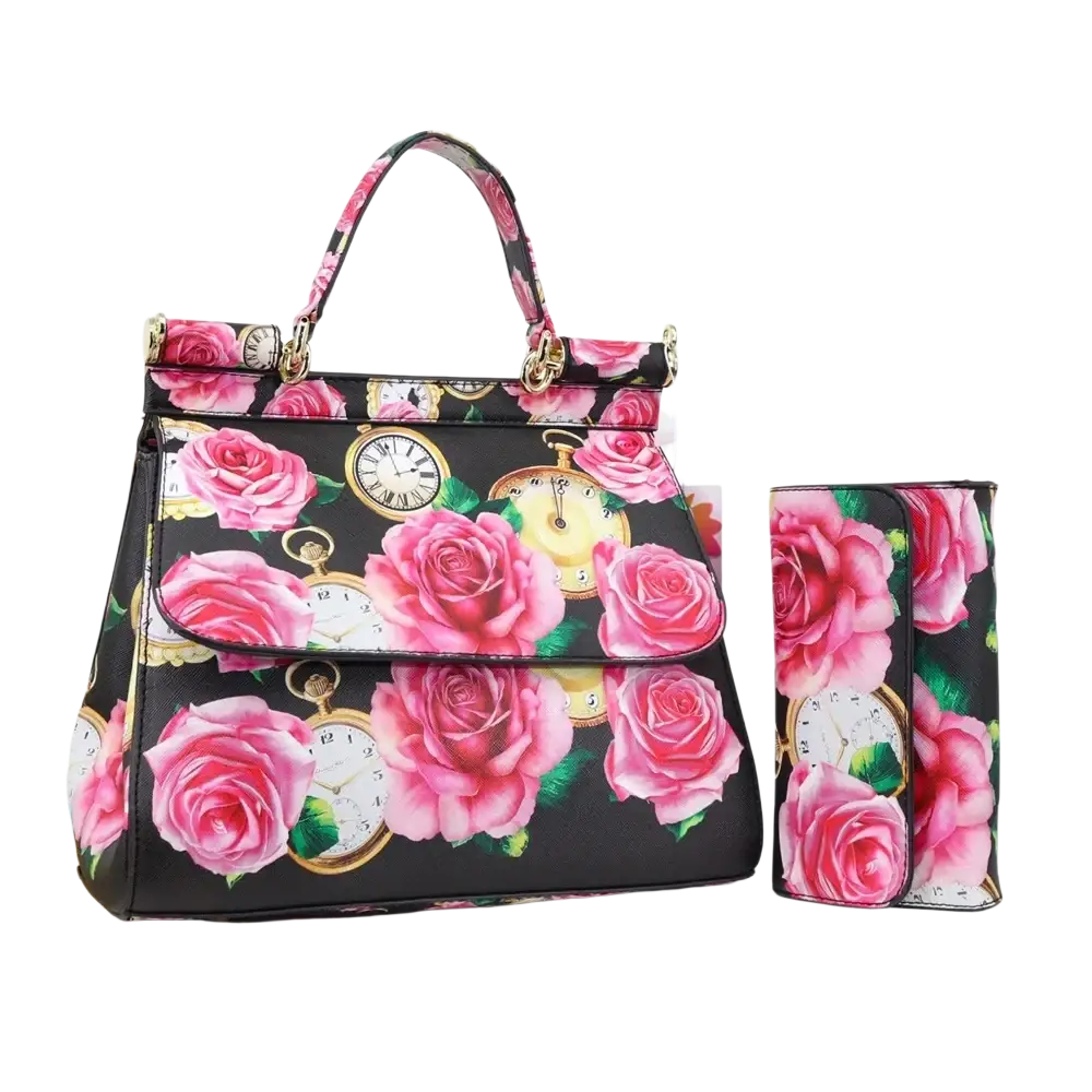 Black leather vintage art shoulder bag with vibrant pink roses and gold pocket watch print and metallic hardware