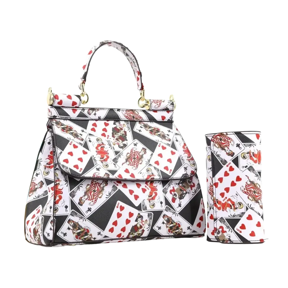 Leather vintage art shoulder bag by Dolce & Gabbana with playing card print gold-tone hardware and matching cylindrical wallet