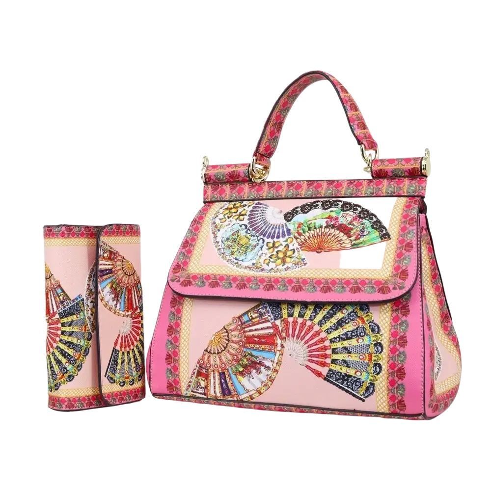 Leather vintage art shoulder bag in pink leather featuring vibrant colorful fan motifs and intricate border patterns