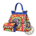 Leather vintage art shoulder bag featuring vibrant red yellow and blue floral patterned leather design