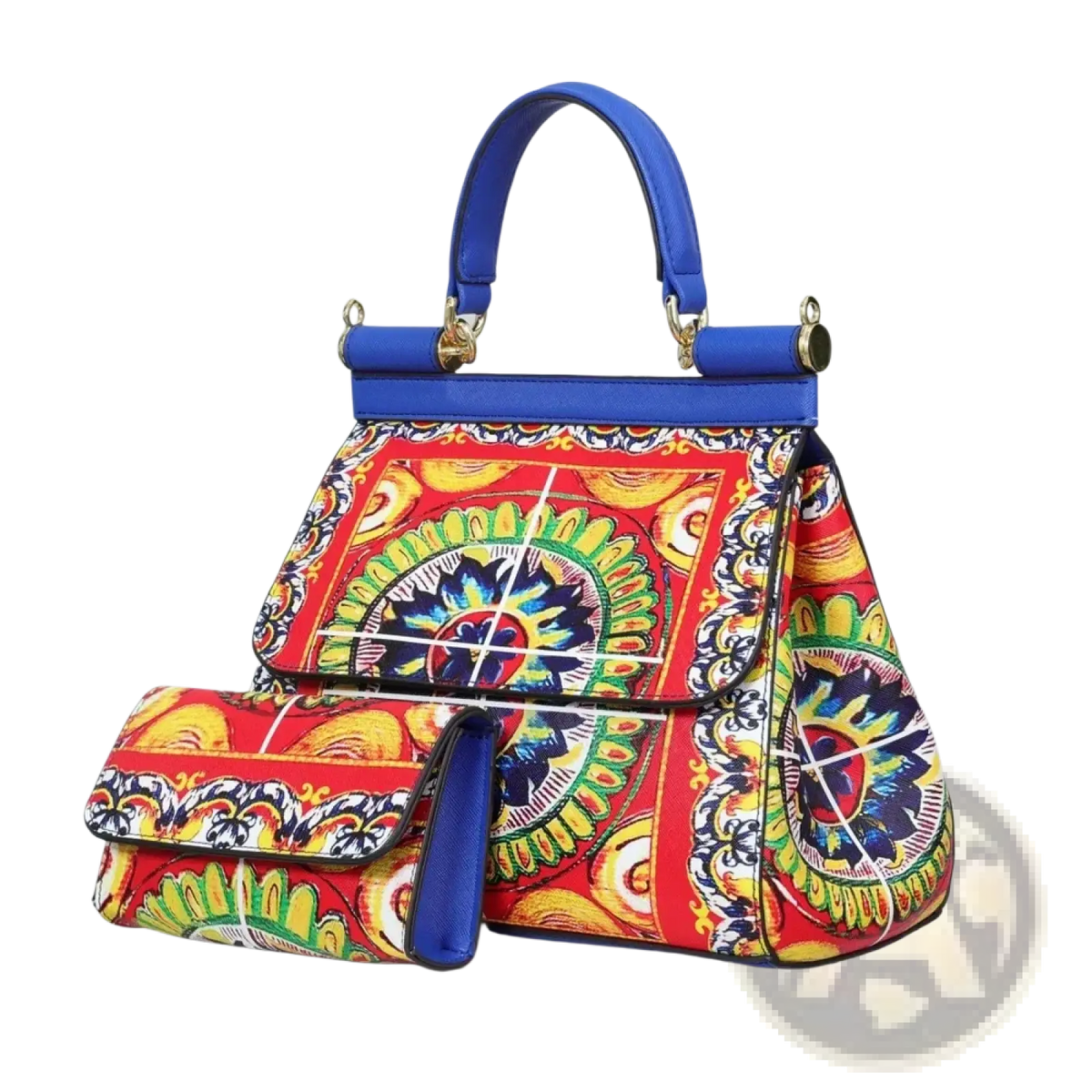 Leather vintage art shoulder bag featuring vibrant red yellow and blue floral patterned leather design