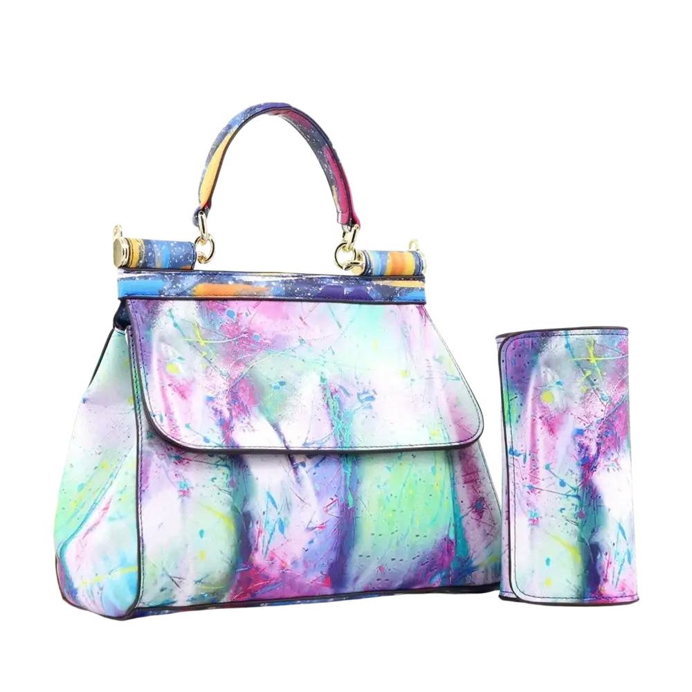 Leather vintage art shoulder bag with vibrant abstract paint-splatter pattern colorful leather handles and gold hardware
