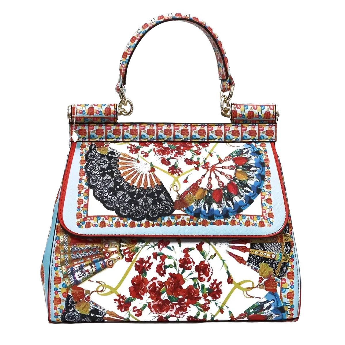 A vibrant leather dolce & gabbana vintage art shoulder bag with colorful fan and floral print on a structured body