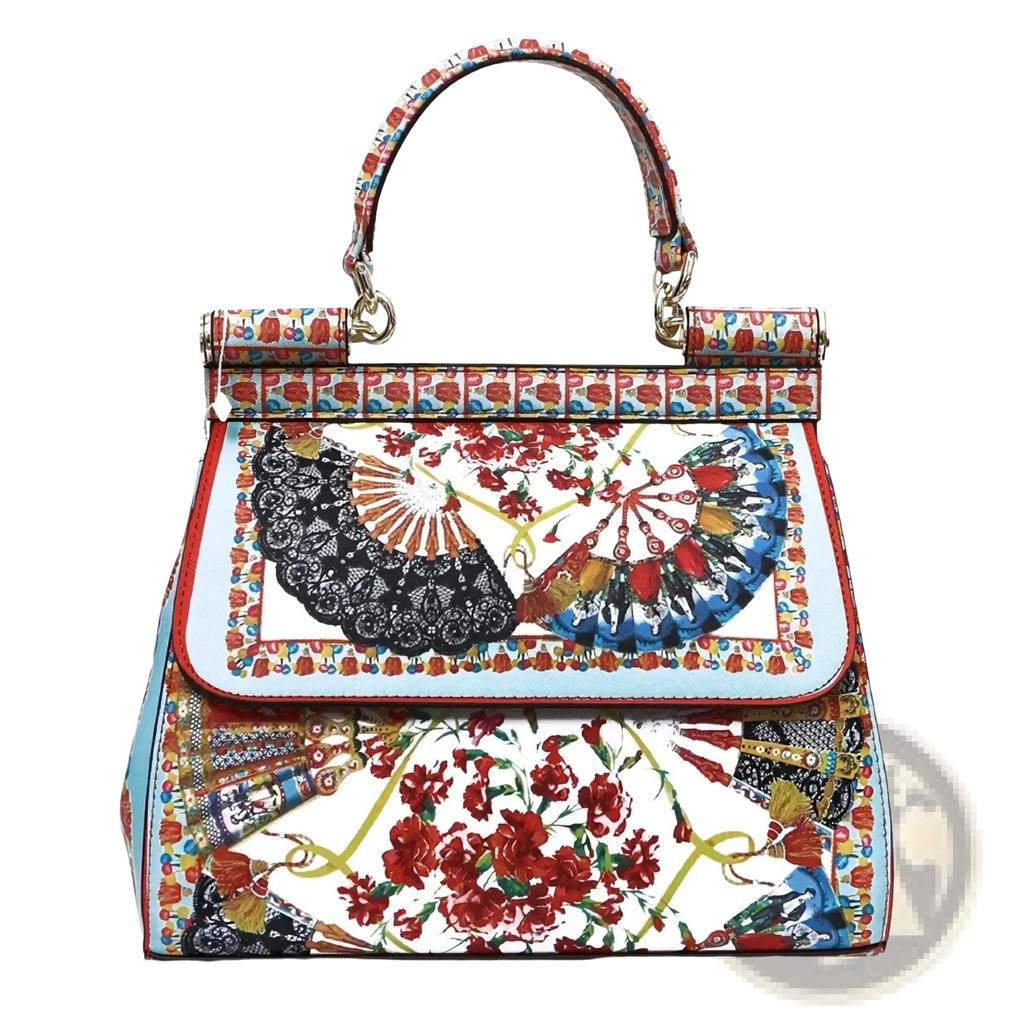 A vibrant leather dolce & gabbana vintage art shoulder bag with colorful fan and floral print on a structured body