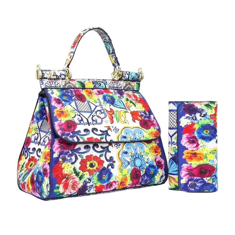 Leather vintage art shoulder bag by dolce & gabbana featuring vibrant floral pattern with bold colors and intricate design
