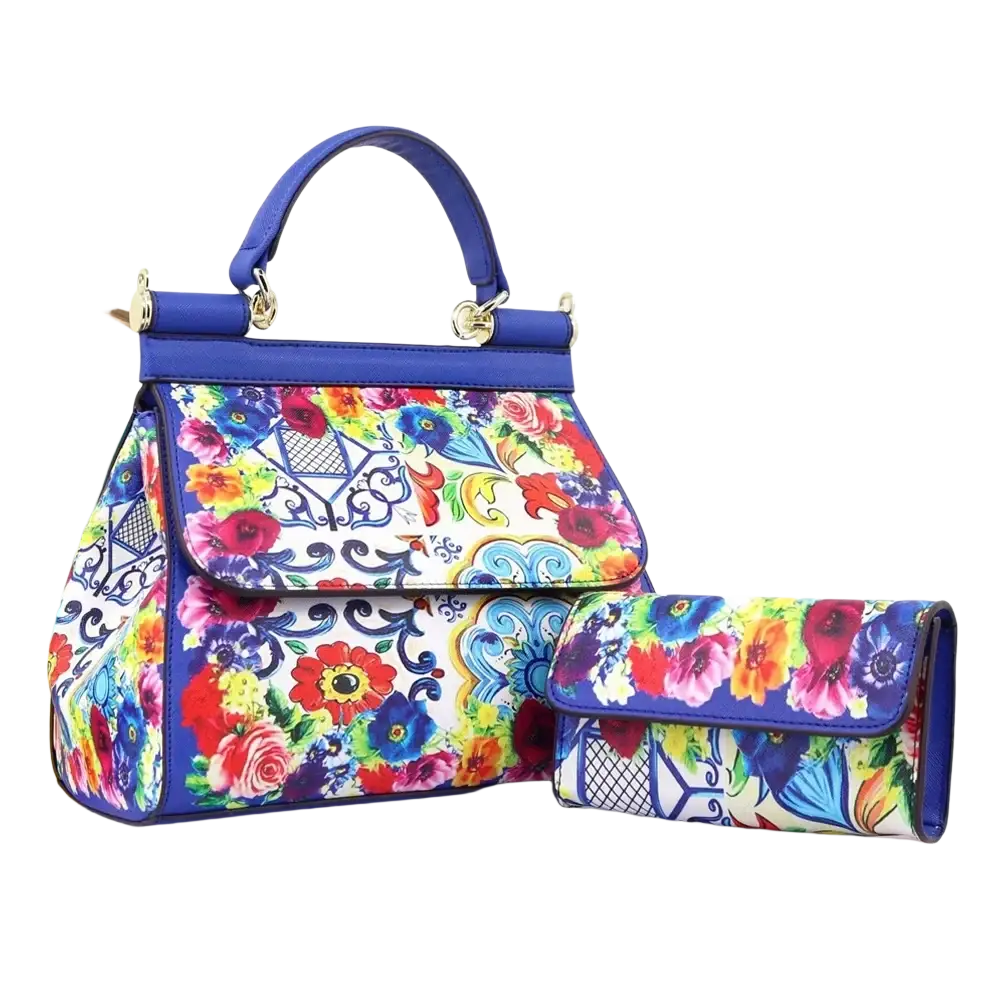 Leather vintage art shoulder bag with vibrant floral pattern, bold blue trim, gold hardware, and matching clutch