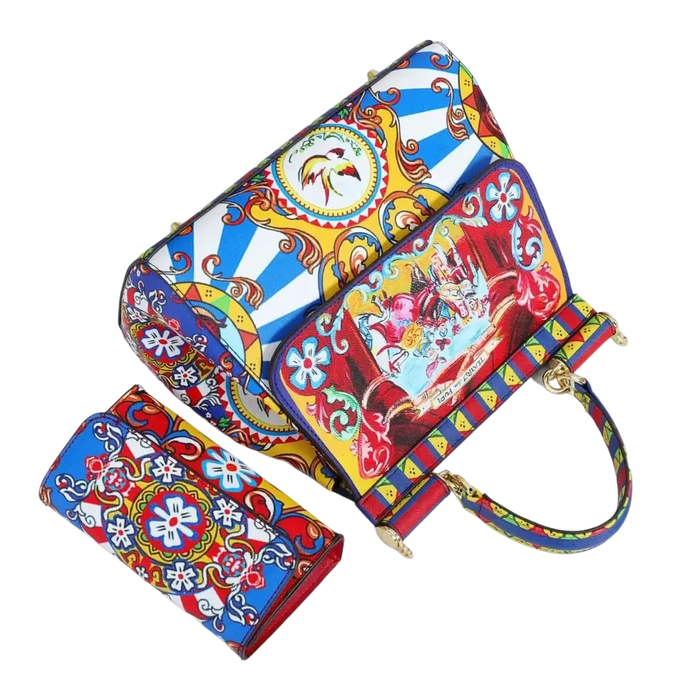 Leather vintage art shoulder bag by Dolce & Gabbana with vibrant multicolored baroque patterns and gold-tone hardware