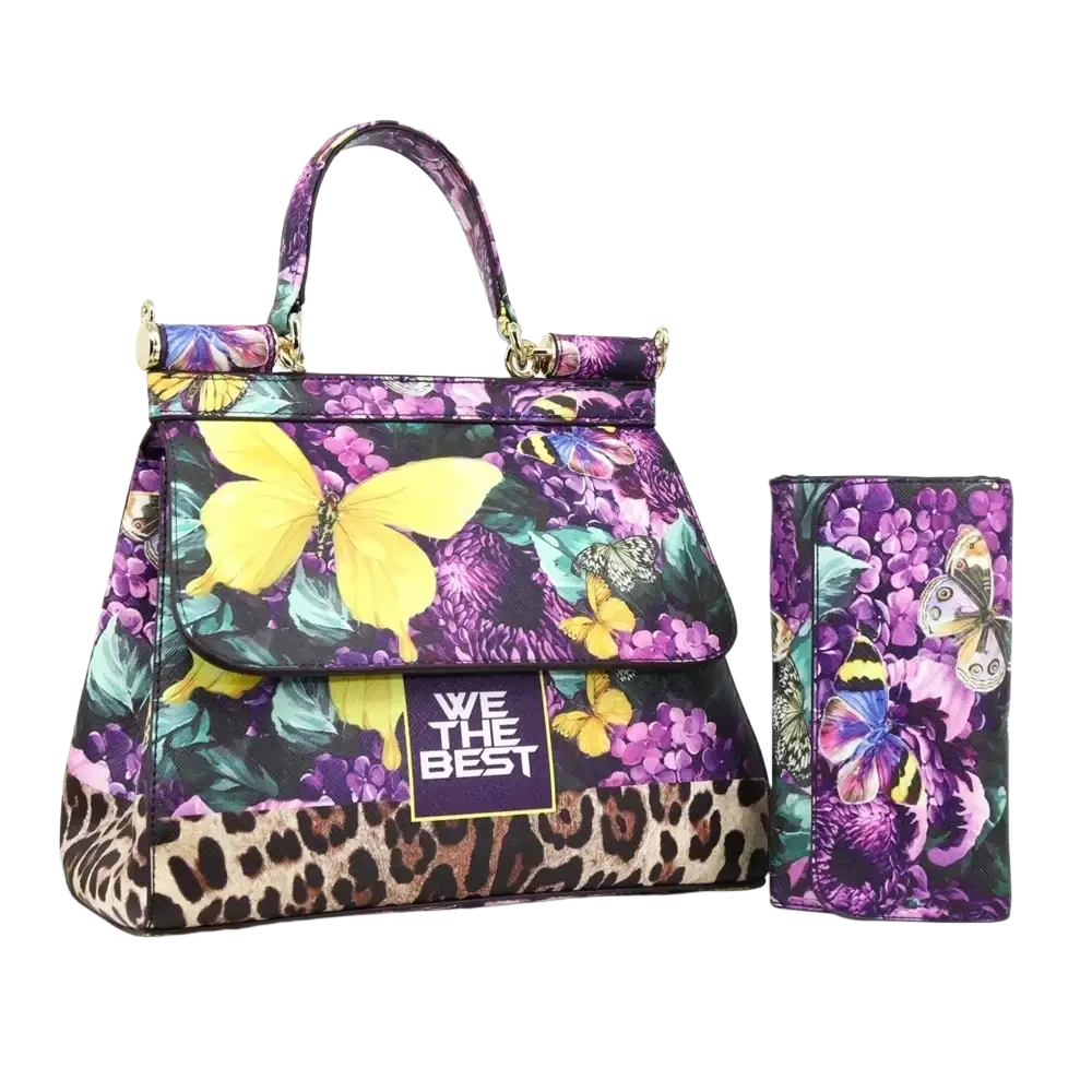 Leather vintage art shoulder bag in vibrant purple with yellow butterflies floral patterns leopard print base and gold hardware
