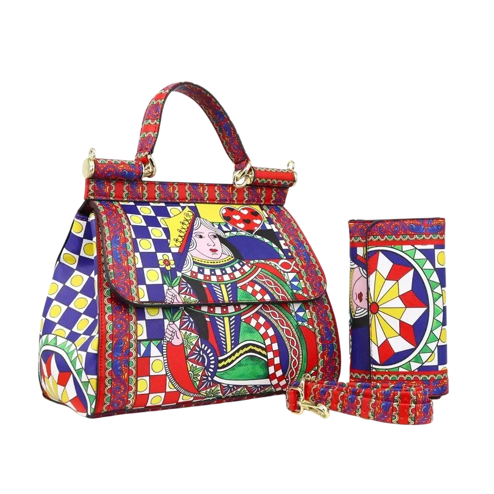 Leather vintage art shoulder bag with vibrant red blue yellow queen of hearts pattern and gold tone hardware