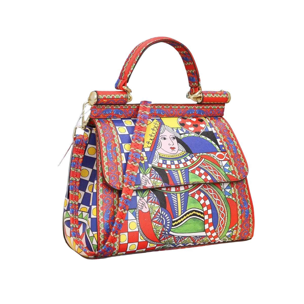 Leather vintage art shoulder bag with vibrant red and blue printed leather featuring queen of hearts design