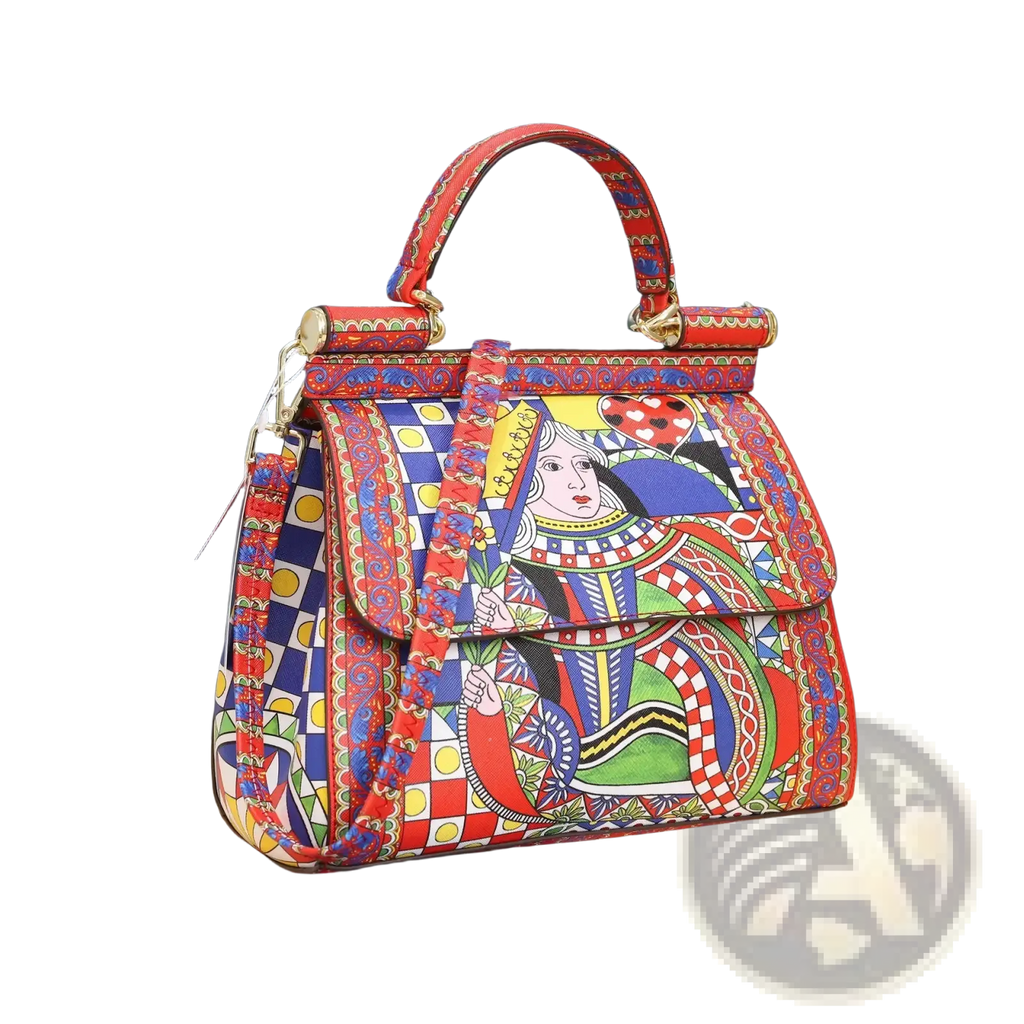 Leather vintage art shoulder bag with vibrant red and blue printed leather featuring queen of hearts design