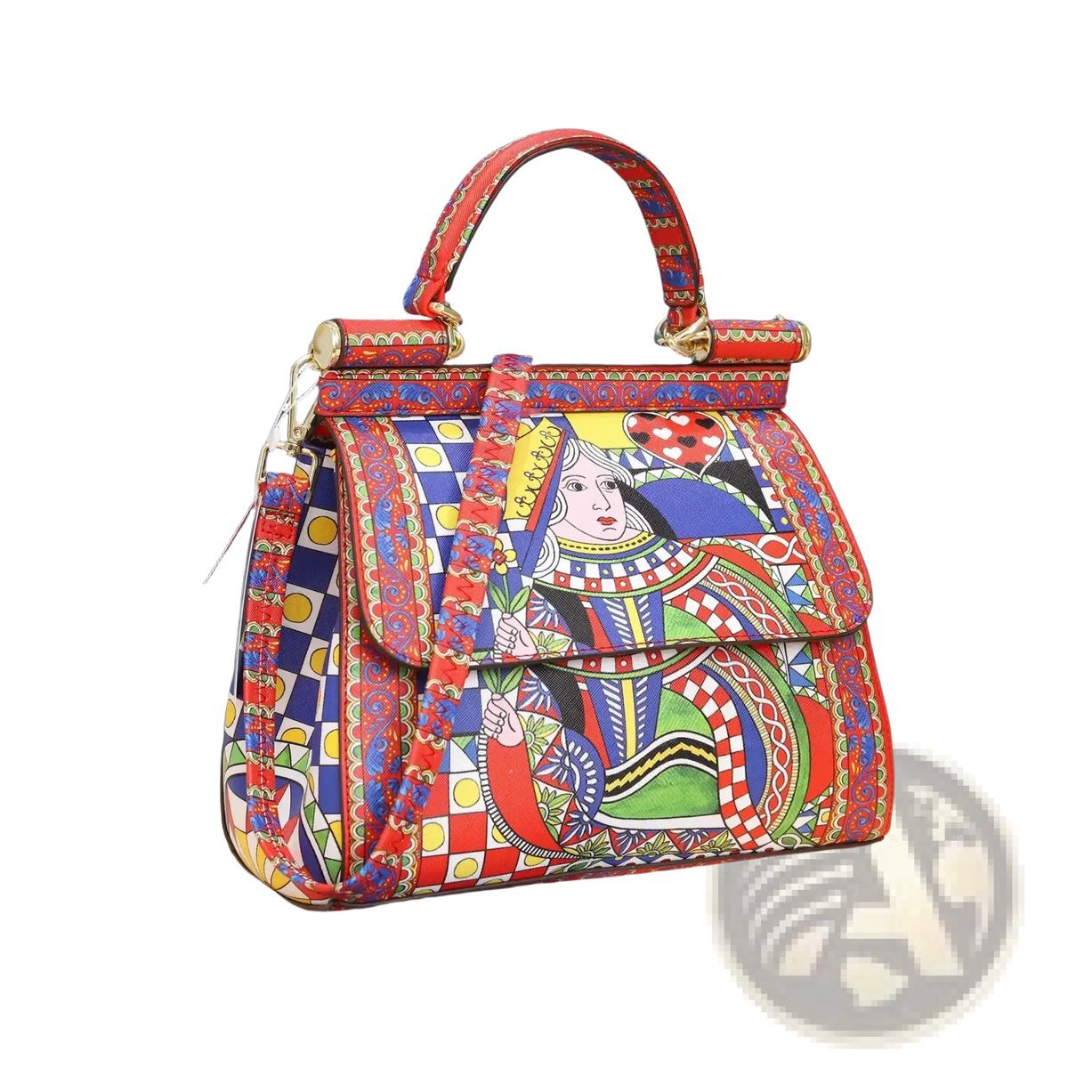 Leather vintage art shoulder bag with vibrant red and blue printed leather featuring queen of hearts design