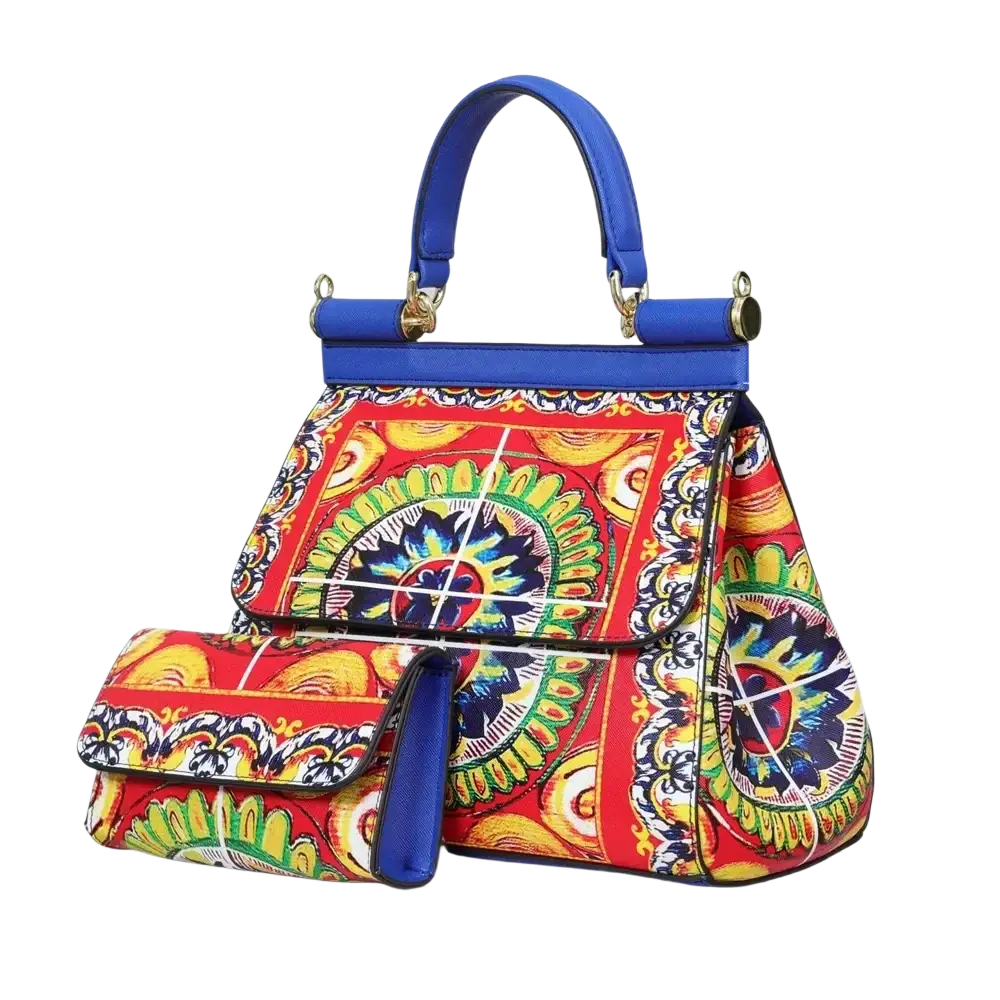 Leather vintage art shoulder bag featuring vibrant red yellow and blue floral patterned leather design