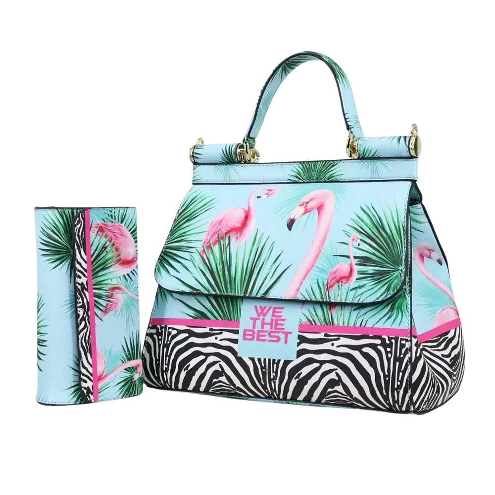 Leather vintage art shoulder bag featuring vibrant pink flamingos green palm leaves and zebra stripes on light blue
