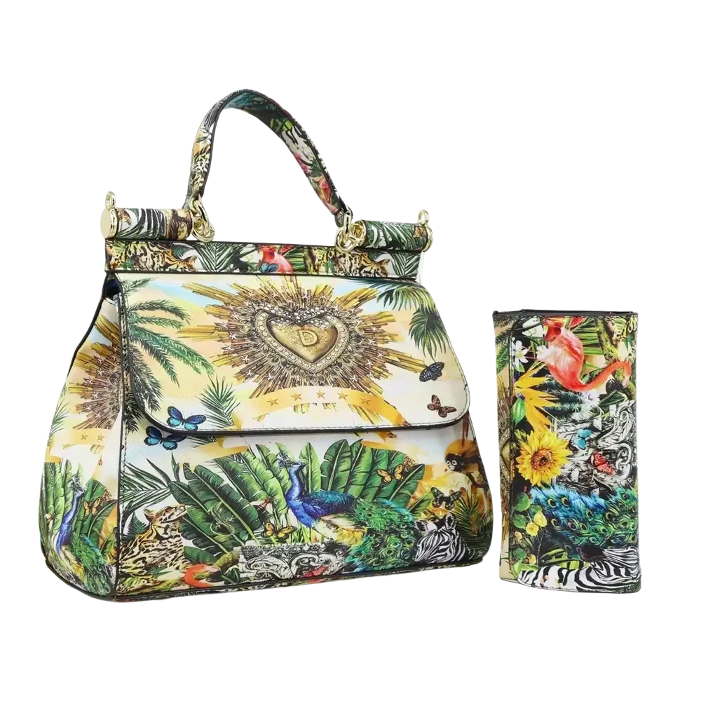 Leather vintage art shoulder bag with vibrant tropical print, gold-tone hardware, heart motif, and lush nature design