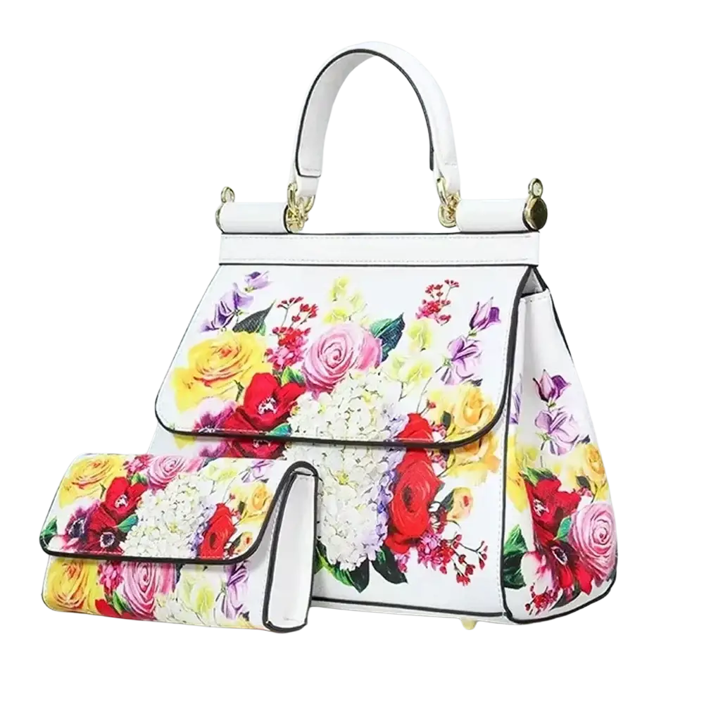White leather vintage art shoulder bag with vibrant floral print and gold-tone hardware for stylish use