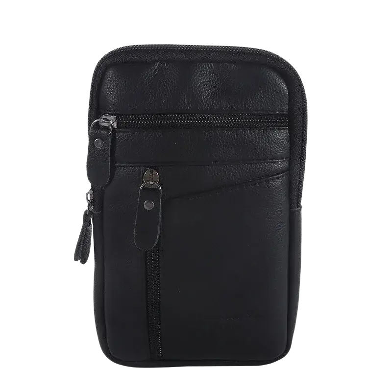 Black leather waist bag with zippered compartments and metal pulls designed as a mobile phone shoulder small bag