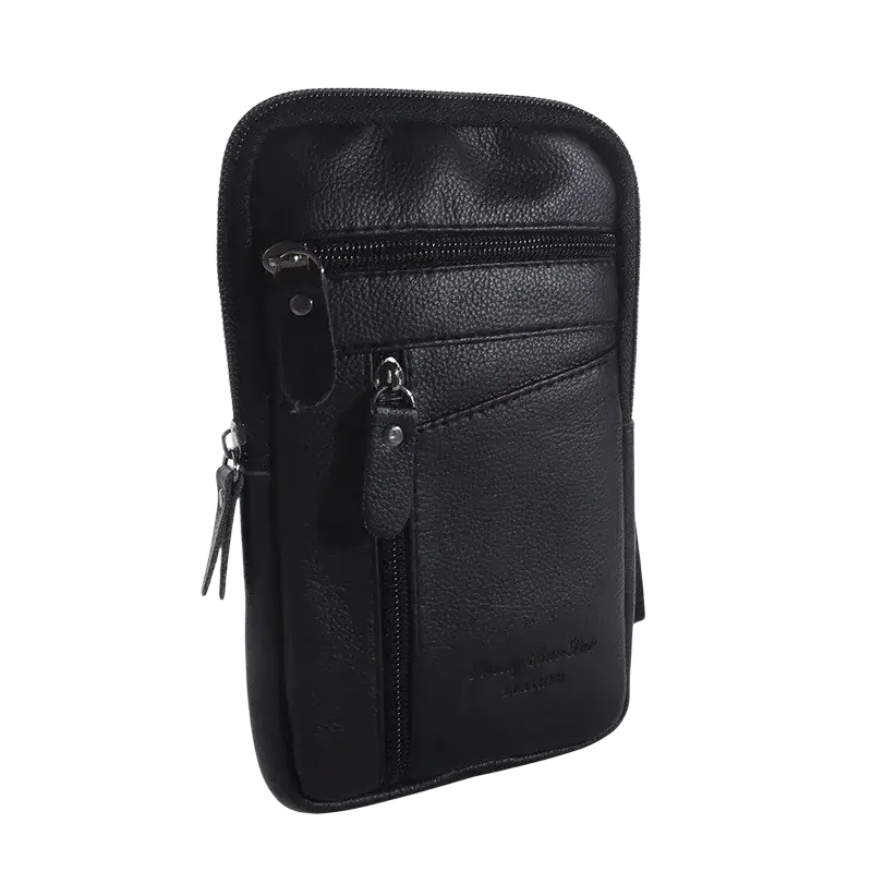 Black leather waist bag with multiple zippers and textured surface designed as a mobile phone shoulder small bag