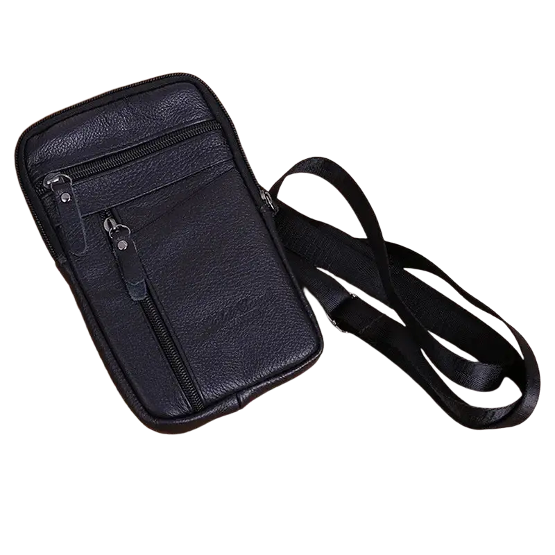 Black leather waist bag with multiple zippers and detachable strap for use as a mobile phone shoulder small bag