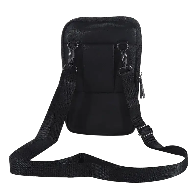 Black leather waist bag with adjustable strap and zipper closure for mobile phone shoulder small bag use