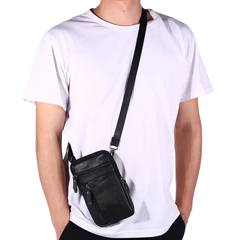 Black leather waist bag with multiple zippered compartments and adjustable strap for mobile phone shoulder small bag use