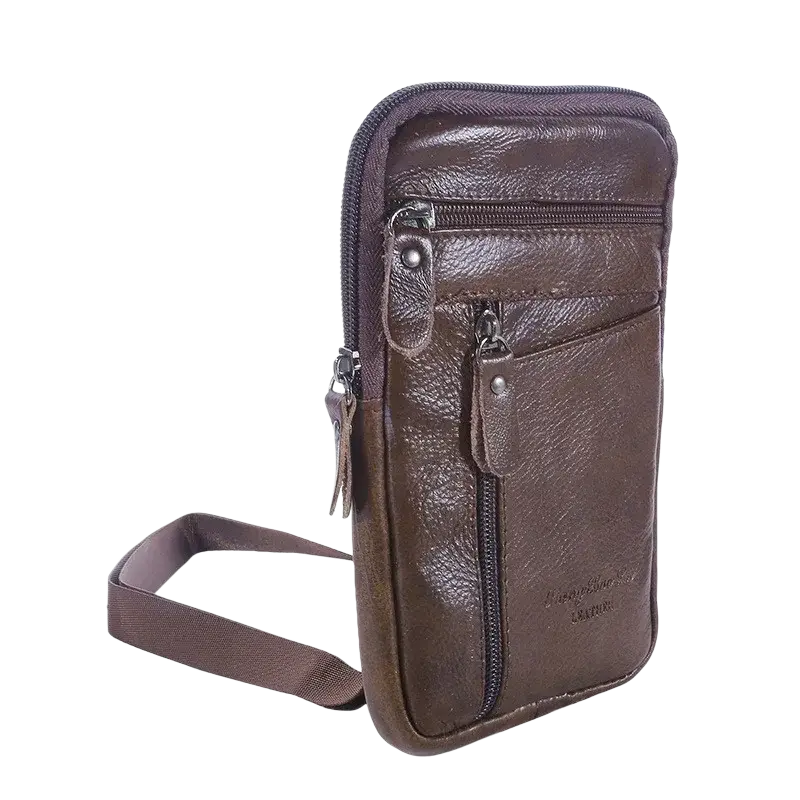 Brown leather waist bag with multiple zippers and detachable strap for use as a mobile phone bag and shoulder small bag