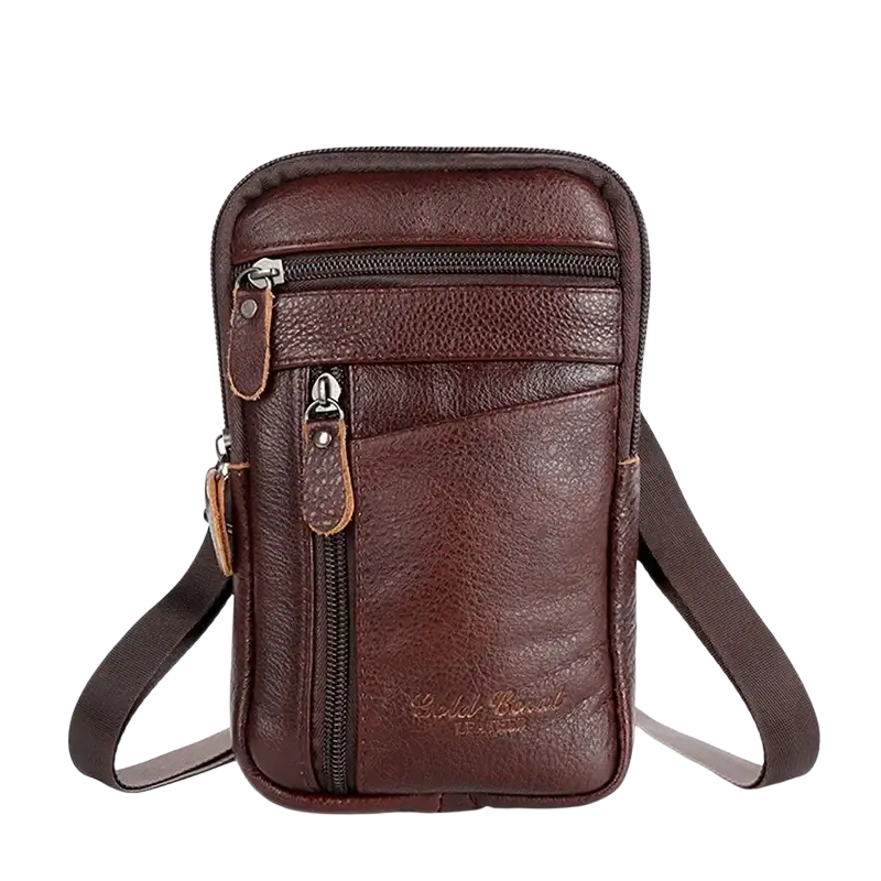 Brown leather waist bag with multiple zippers and adjustable strap mobile phone bag shoulder small bag