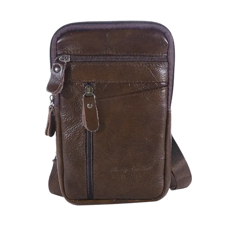 Brown leather waist bag with multiple zippers and textured surface designed as a mobile phone shoulder small bag