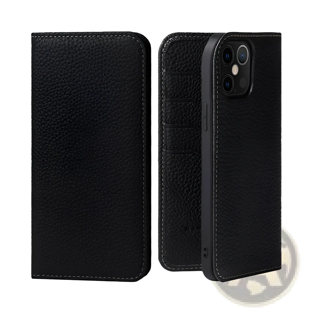 Black textured leather wallet case for iphone 16 15 14 13 12 11 with precise stitching and minimalist design back view